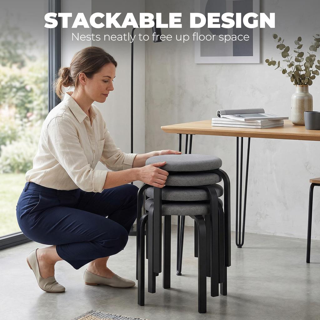 Stackable Stools Modern Cushioned Round Backless Stools Set of 4 Kitchen Dining Room Dark Grey