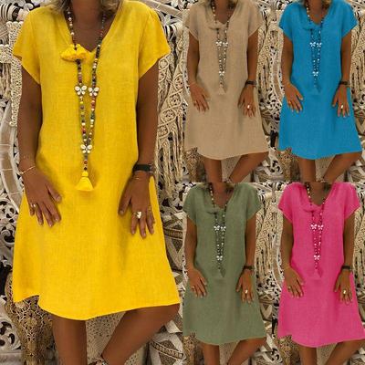 2023 European & American V-neck Solid Color Cotton Linen Short Sleeve Dress for Women