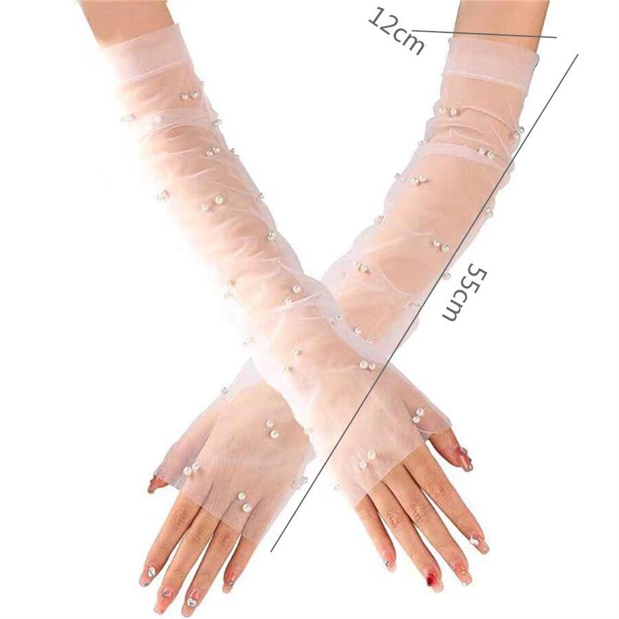 Elegant Long Mesh Pearl Gloves for Bridal Prom Party
