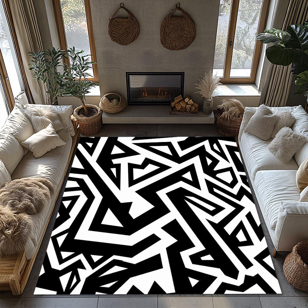 Tuniu Black White Geometric Zigzag Area Rug Non-Slip Home Floor Carpet Mat Room Decor
