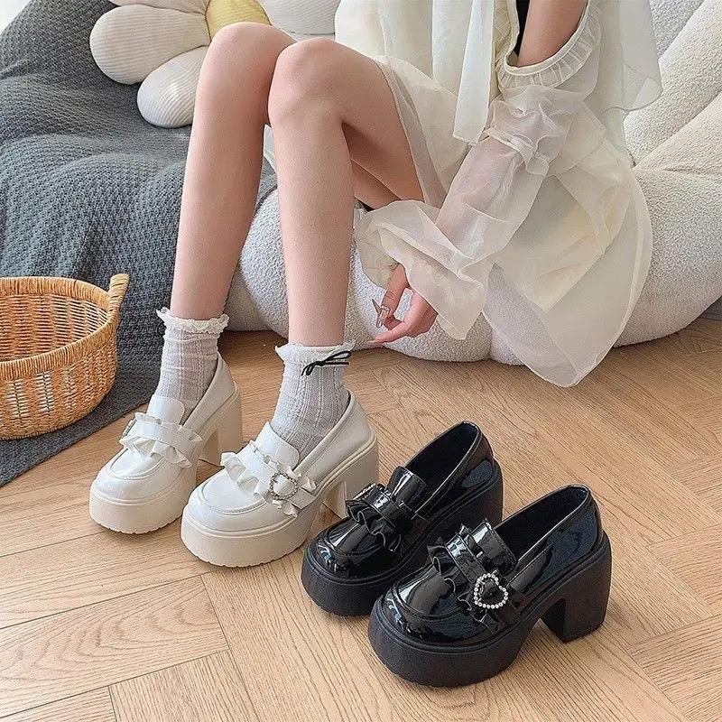 Loafers Block Heel Japanese Style Lolita on Heeled Pumps Mary Jane Round Toe High Heels Shoes for Women Chunky Woman Gothic Slip