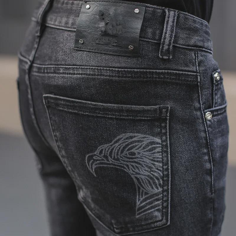 European Men's Trendy Slim Fit Printed Denim Trousers - Spring/Autumn Style