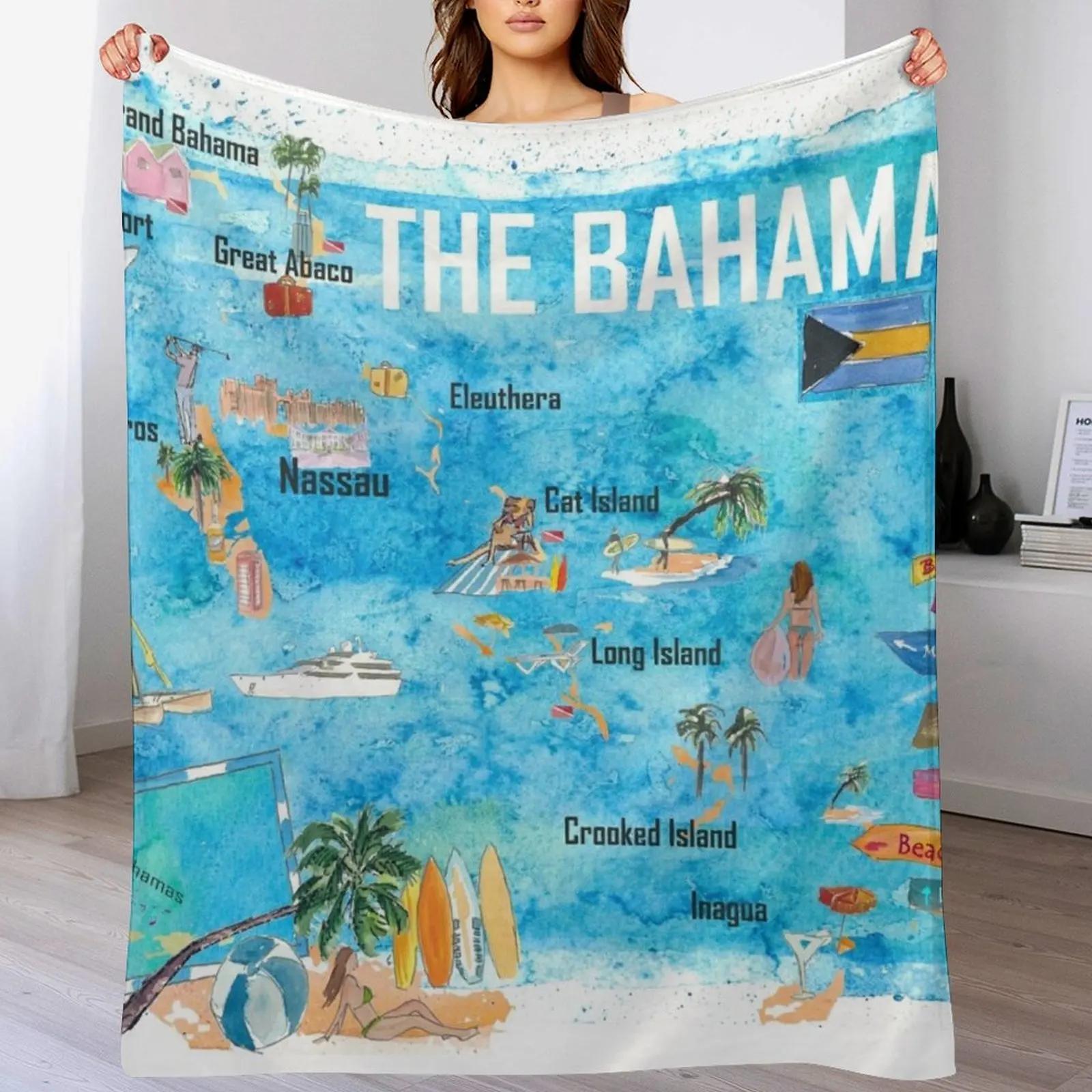 

The Bahamas Illustrated Map with Main Roads Landmarks and Highlights Throw Blanket Decorative Soft Throw Blanket for Couch Sofa 102x76cm(40x30in)