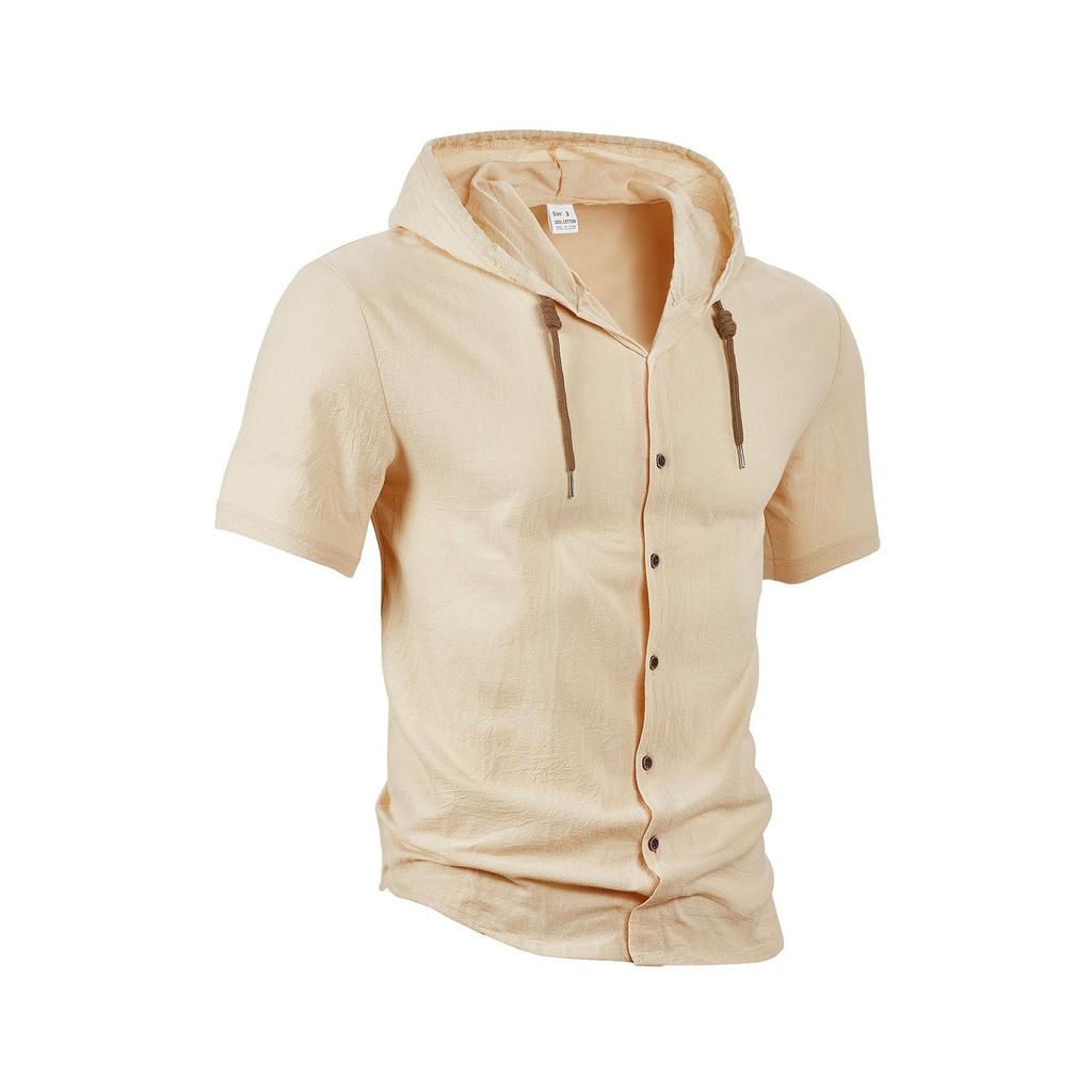 Men's Solid Color Cotton And Linen Short-sleeved Shirt Cardigan Loose Hooded Top