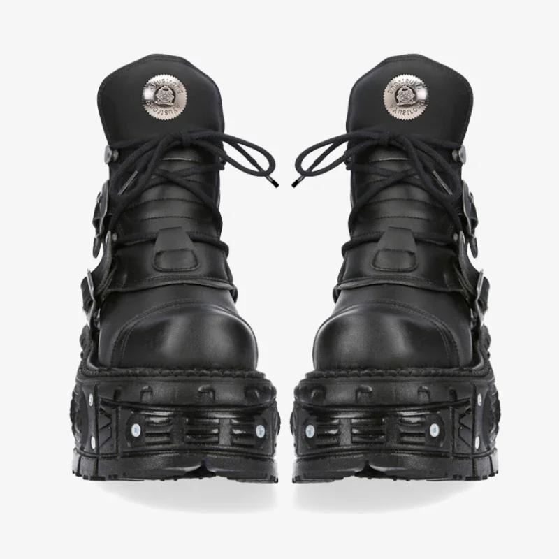 Fashion 2025 New Genuine Leather Tank Sole Punk Short Boots Short Boots Thick Sole Buckle Lace Up Boots Fashion Street Motorcycle Boots