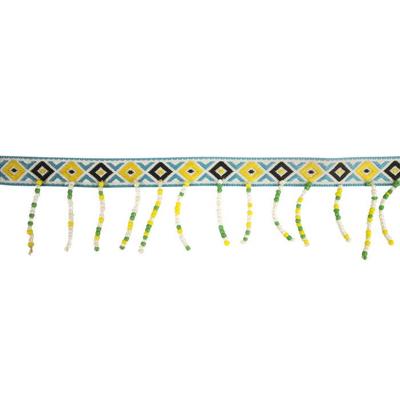 MégaCréa DIY - Blue Printed Ribbon With Pompoms and Seed Beads Wide. 15mm