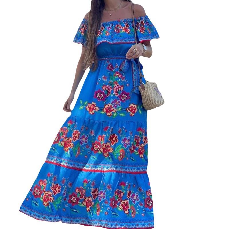 Bohemian Off-Shoulder Red Floral Long Dress - Women's Ethnic Vacation Style