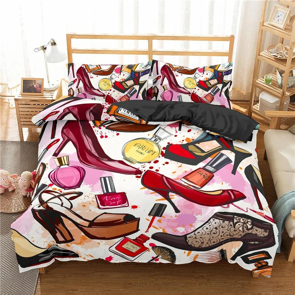 Makeup Lipstick Luxury Bedding Set Cosmetic Pink Duvet Cover Girls Women Polyester Bedding Set Home Textiles 23pcs King Queen