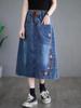 2026 Summer Women's Embroidered Denim Skirt: Elastic Waist, Mid-Length A-line, Retro Artistic Style
