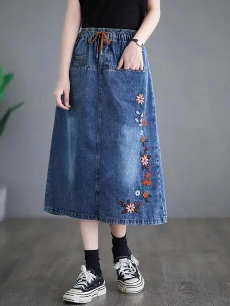 2026 Summer Women's Embroidered Denim Skirt: Elastic Waist, Mid-Length A-line, Retro Artistic Style