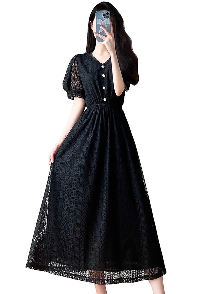 TOWYYO Summer Cute Short Balloon Elastic Solid Size L Women's Midi-Length Dress, All-Lace, Sleeves, V-Neck, Sleeves, Waist, Slimming, Color, A-Line,