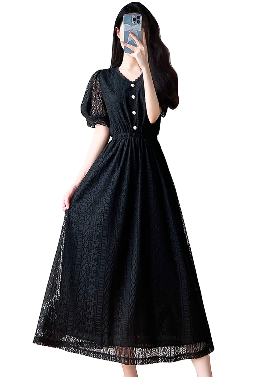 

TOWYYO Summer Cute Short Balloon Elastic Solid Size L Women s Midi-Length Dress, All-Lace, Sleeves, V-Neck, Sleeves, Waist, Slimming, Color, A-Line, чёрный