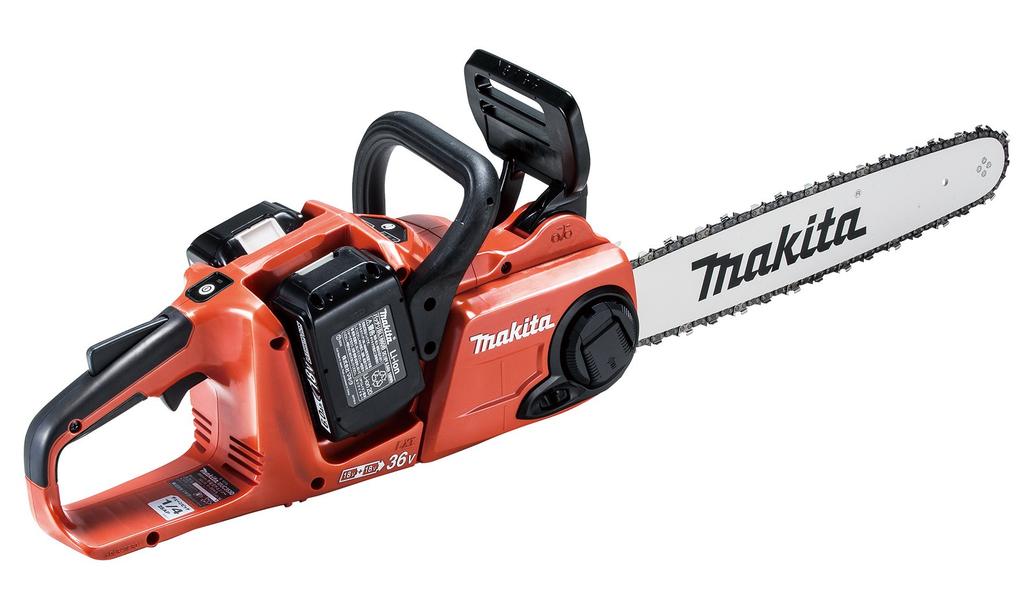 Makita MUC400DGFR Cordless Chainsaw with 400mm Guide 6Ah Battery Batteries and Charger Bar, Red, 18V, (Two Included)