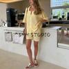 Summer New Product Women's Clothes Beach Style Lapel Short Sleeve Knitting Crocheted Bikini Blouse + Casual Shorts Suit