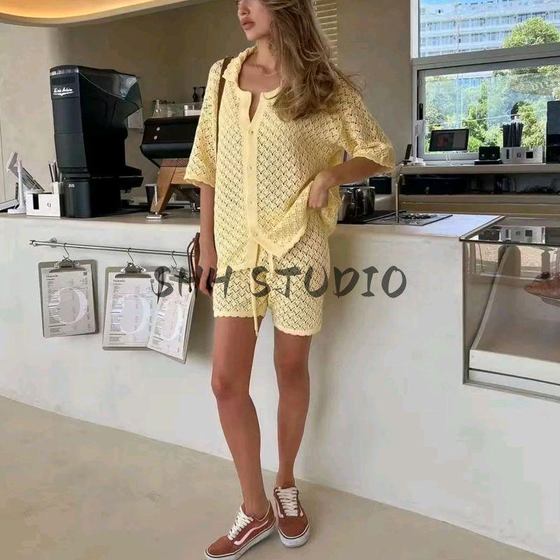 Summer New Product Women's Clothes Beach Style Lapel Short Sleeve Knitting Crocheted Bikini Blouse + Casual Shorts Suit