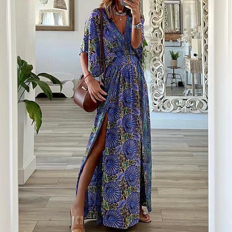 

IHUASU Fashion Summer Spring Short Sleeve V-Neck Casual Dresses Unique design S синий