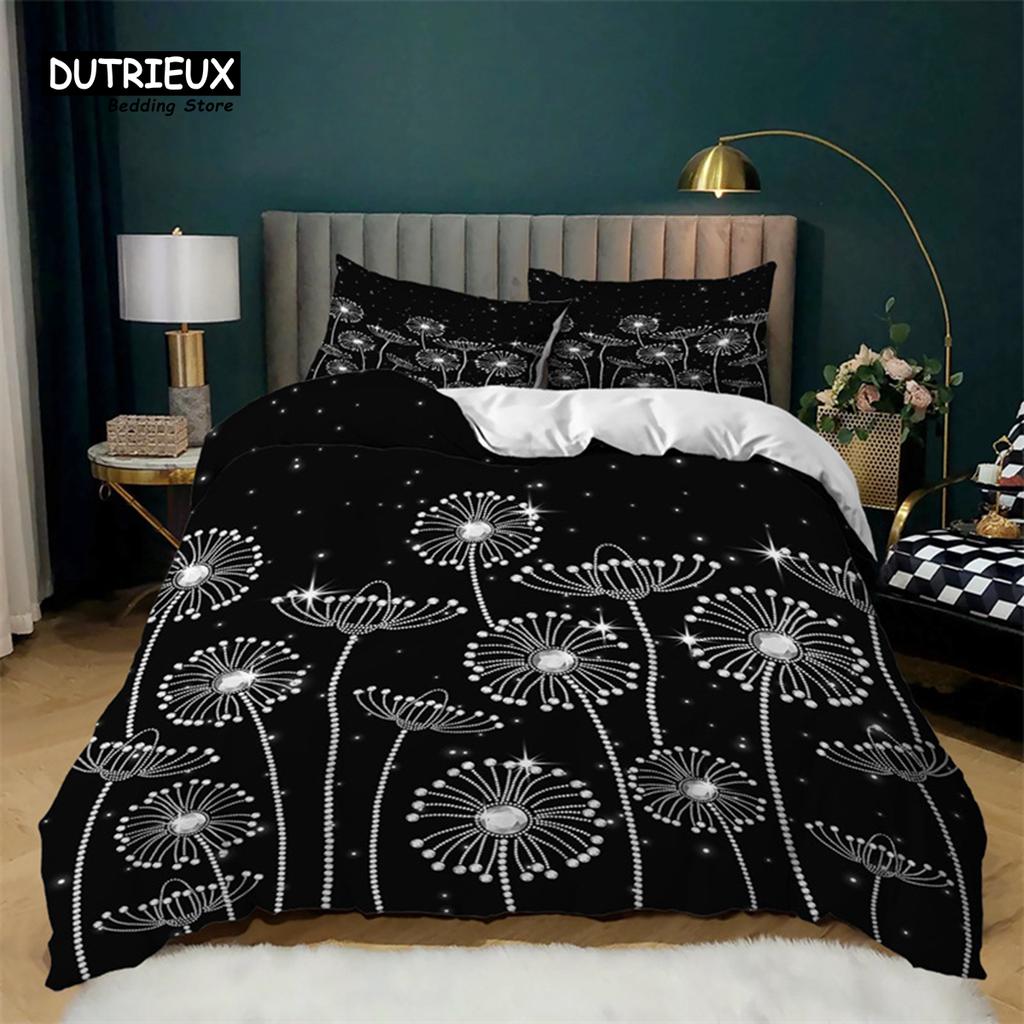 Einfacher Schmetterling Schwarz Bettbezug Löwenzahn Druck Bettwäsche Set Queen Größe Für Erwachsene Mädchen Teenager Zimmerdeko Polyester Steppdeckenbezug