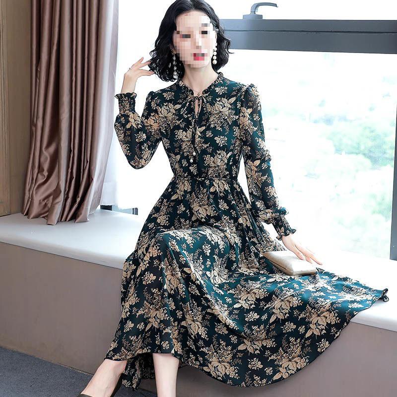 

Women s Floral Chiffon Dress: Plus Size, Long Sleeve, Slimming Waist, Spring & Autumn Style M (85-100 lbs)