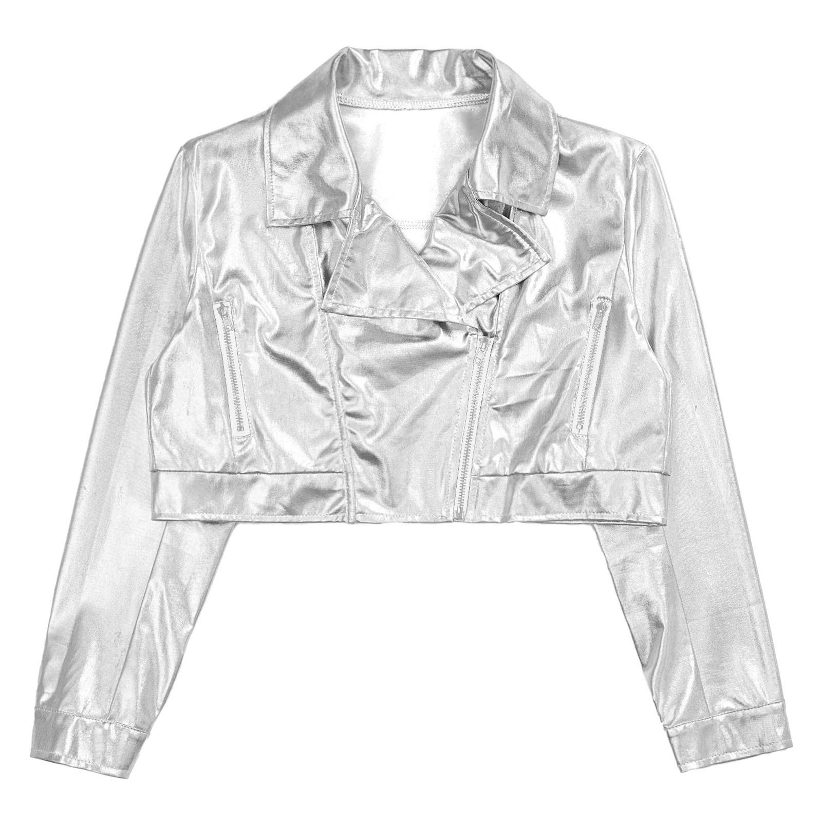 

Унісекс Дитяча Металізована Куртка на Блискавці з Відкладним Коміром, Довгим Рукавом, Верхній Одяг для Мотоспорту, Хіп-хопу, Джазу 13-14 Years срібний