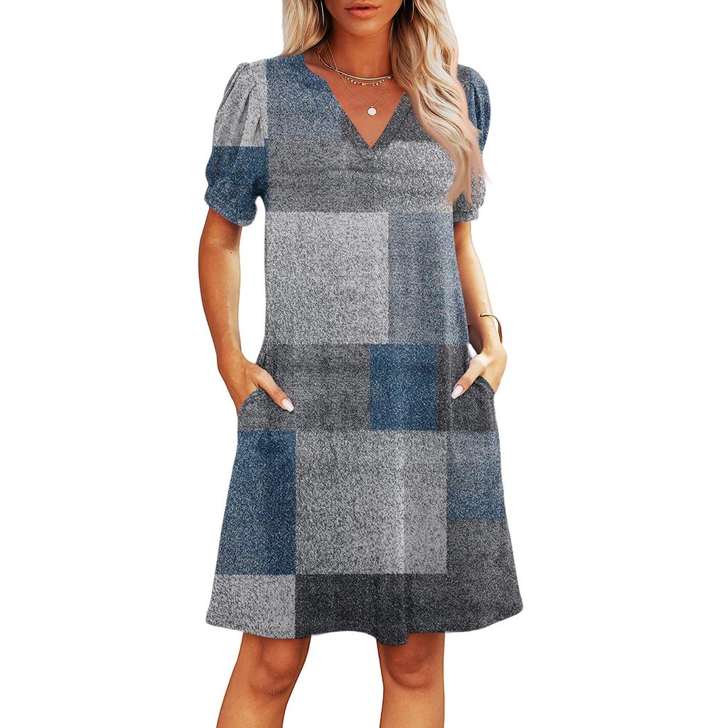 Dámské letní ležérní plážové šaty s výstřihem do V, s krátkým rukávem, pruhované, s geometrickým potiskem