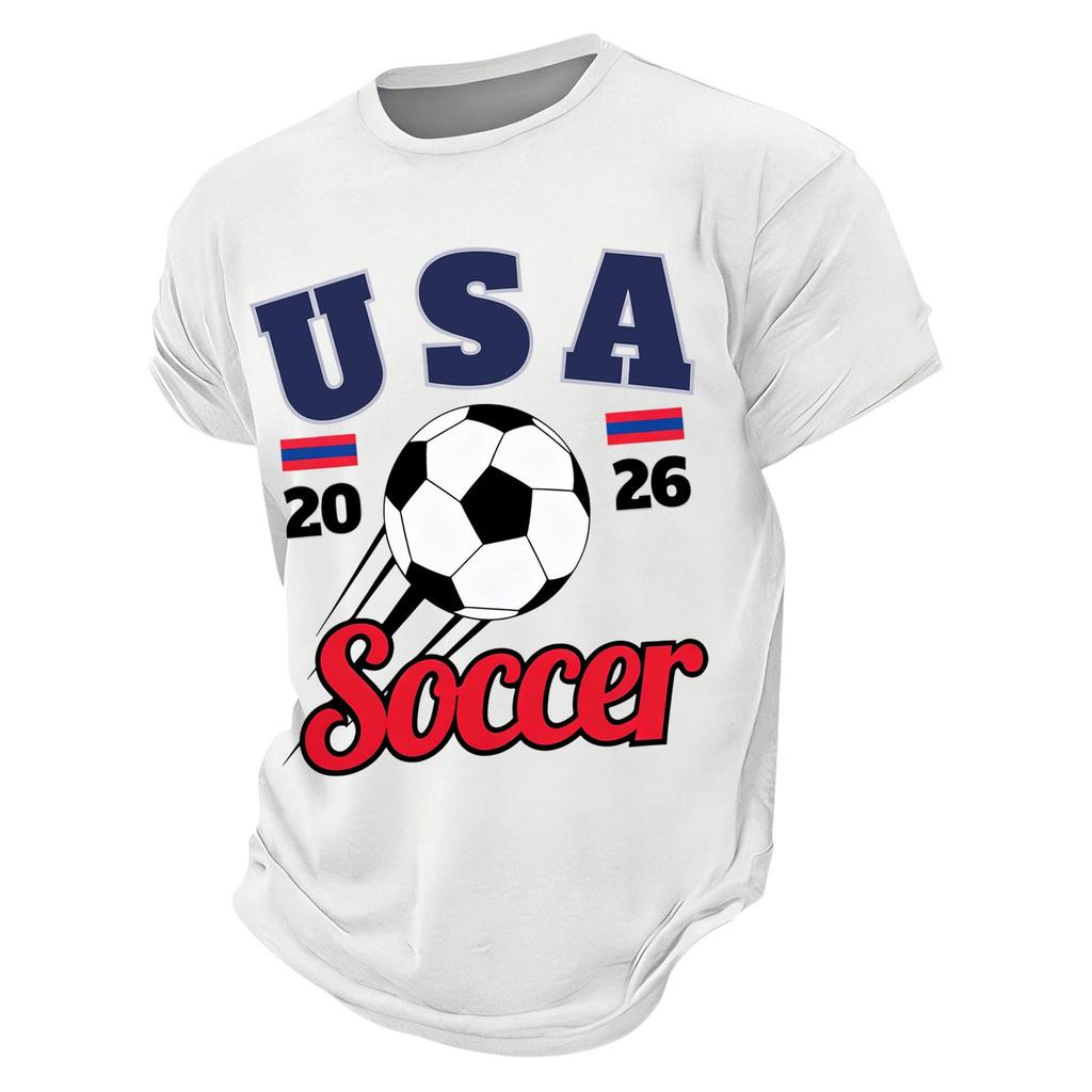 Men’s Casual Crew Neck Printed Short Sleeve Lightweight Breathable Top with USA 2026 Soccer Letter Graphic Design