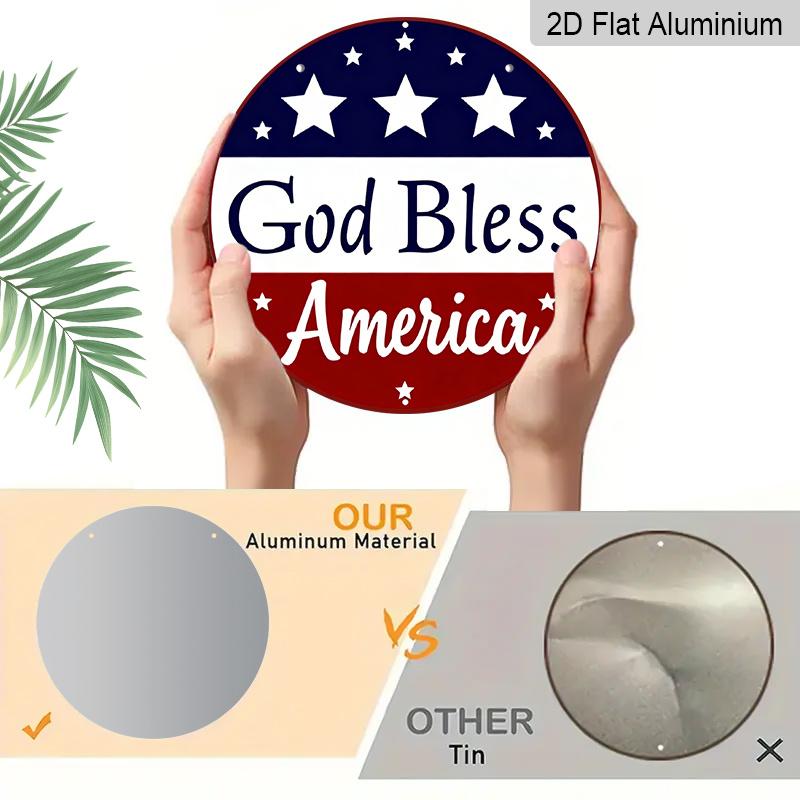 2D Flat, 1pc Patriotic “God Bless America” Hanging Sign, Heavy-Duty Aluminum Independence Day Decoration with Navy Blue & Red Stars, 7.87In American