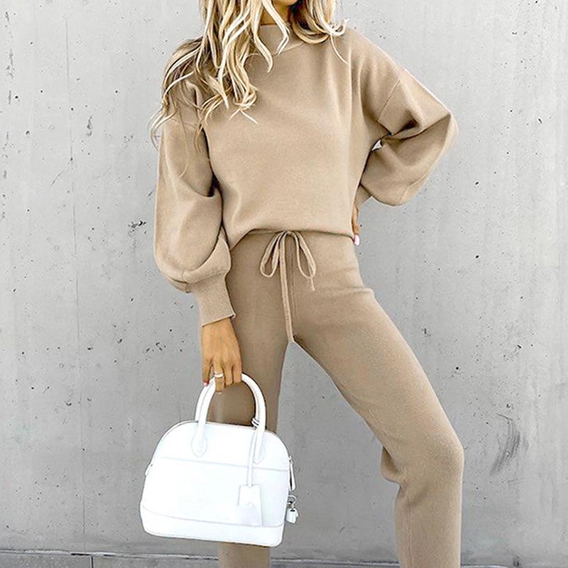 Autumn and Winter Women's Sweater High Collar Casual Pure Color Trousers Two-piece Set