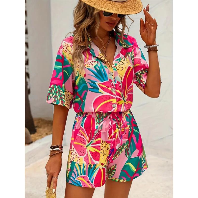 European and American new European women's Hawaiian style short-sleeved shirt and shorts set