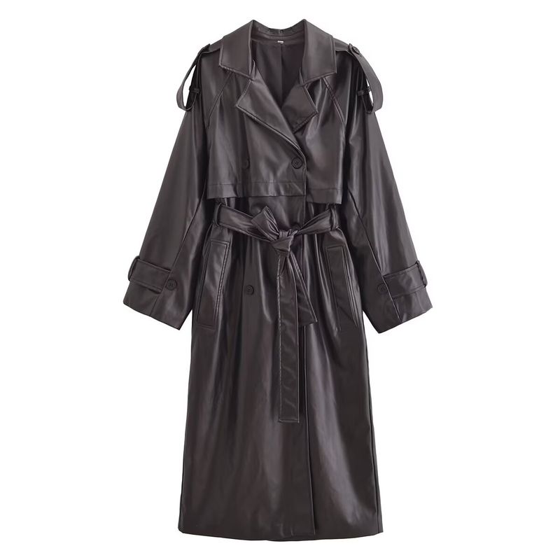 Kaslead New Arrival Women's Clothing Fashion Style Fashion Minimalist Imitation Leather Loose with Belt Trench Coat 1255811