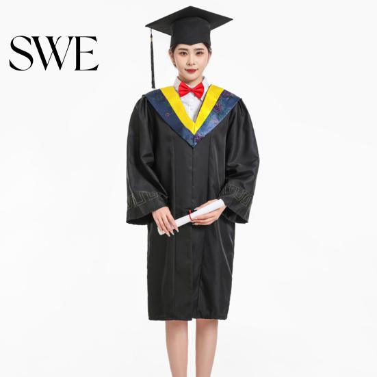 Commencement Outfit Bachelor Uniform Matte Graduation Gown Cap Tassel Set V-Neck Long Sleeve Robe And Ceremonies Photo Props Suit