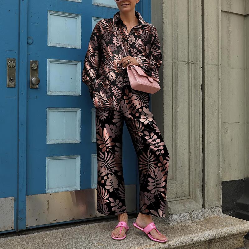 Grünes geometrisches Print Damenhemd und Wide Leg Hosen Kombinationsset