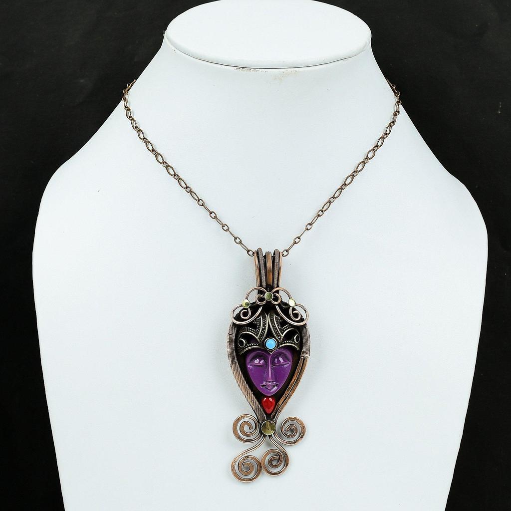 Purple Carved Bone Face Gemstone Pendant Copper Wire Wrapped Pendant Coral & Turquoise Pendant Copper Wire Wrapped Jewelry Handmade Pendants