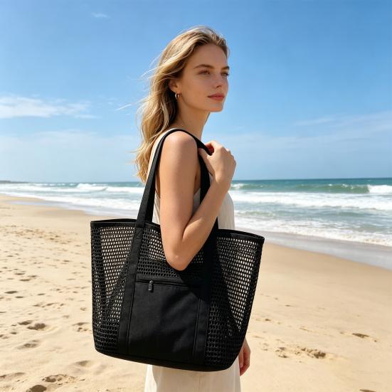 Mesh Beach Tote, Women Shoulder Bag, Sandproof Breathable Beach Bag with Zippered Pocket, Summer Travel Tote Bag for Holiday Daily Use
