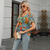Women Boho Floral Leaf Geometric Print V Neck Tunic Top, Short Sleeve Front Pleated Flowy Hem Loose Fit Casual Daily Blouse