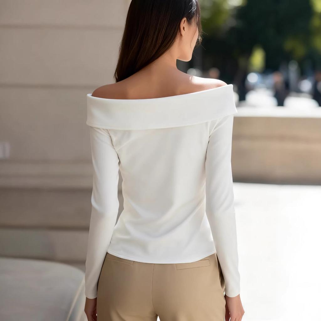 Women's Solid Off-shoulder Long Sleeve Knit Base Top Elegant Spring Autumn Casual Knitwear for Foreign Trade