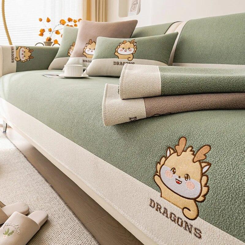 Teddy Velvet Cartoon Sofa Cover Universal Living Room Embroidery Sofa Cover Non-Slip Sofa Backrest Armrest Cover Cushion Cloth