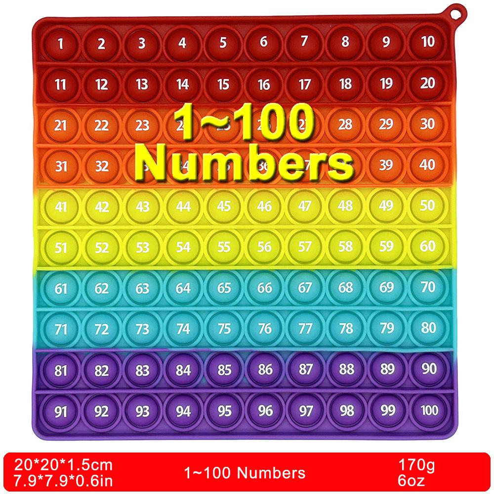 20 cm/7,9 palce 1~100 čísel velké popové matematické hračky, čtvercové barevné stlačovací bublinkové hračky pro vzdělávání