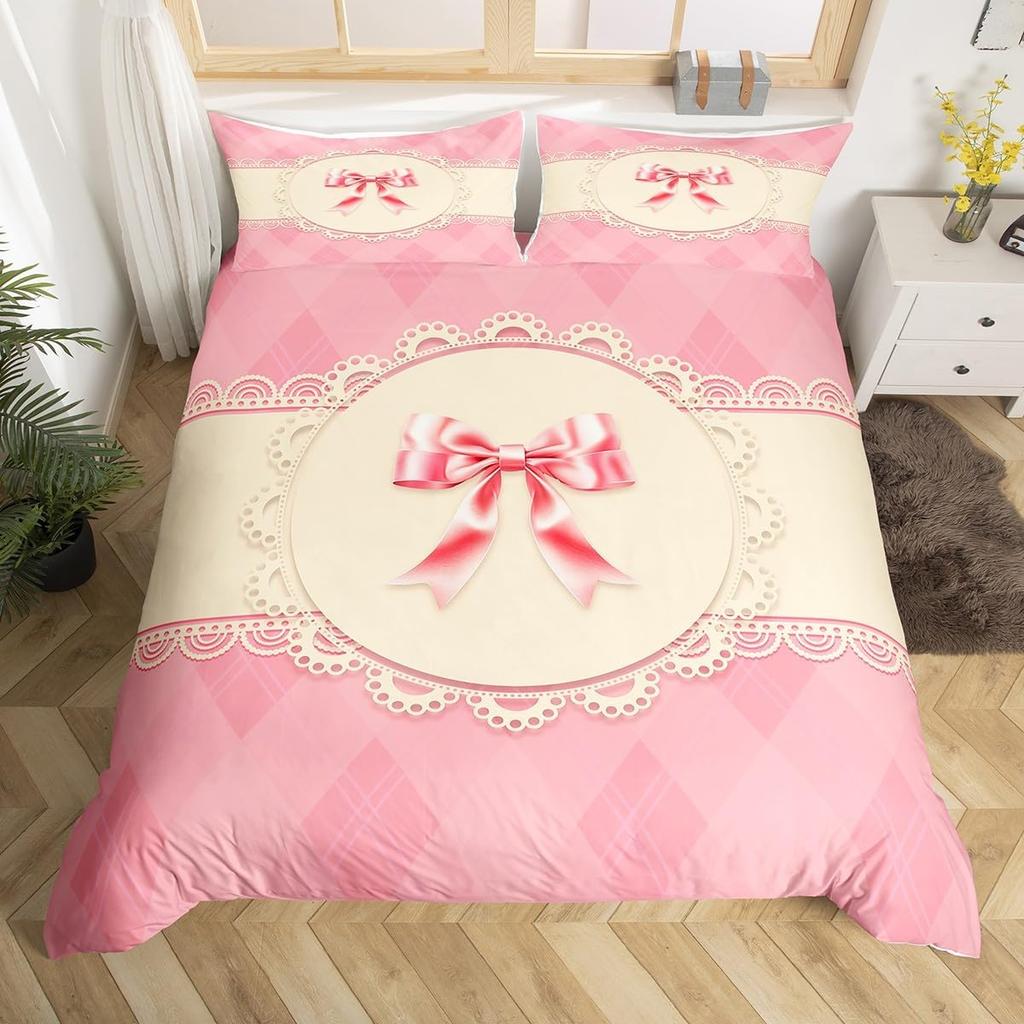 Dreamy Pink Bow Duvet Cover Queen King Size Princess Style Cute Bow Print Suitable For Kids Girls Teens Bedroom Decoration 3 Pcs