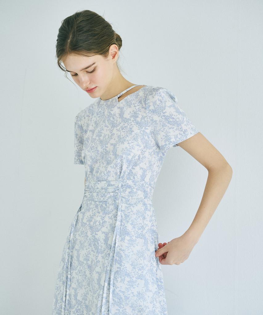 Etmont Neck Cut-Out Shirring Dress Light Blue