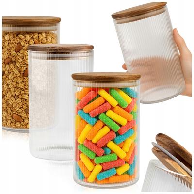Set - 3x Glass Food Storage Container - Grooved with Wooden Lid 1L