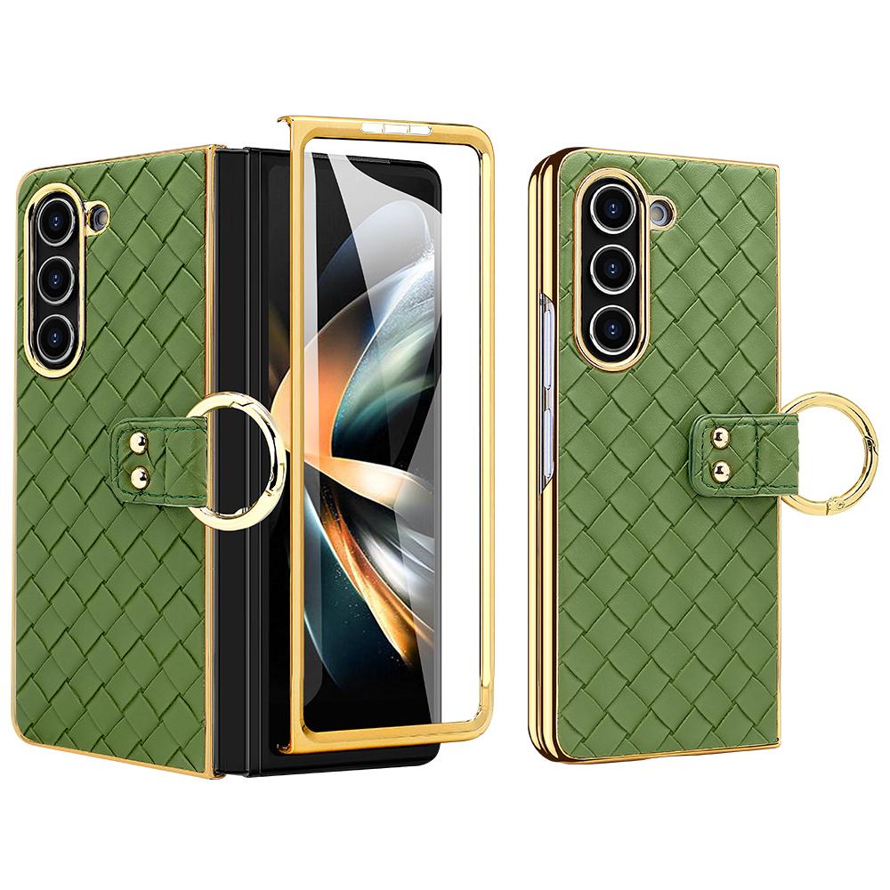 Für Samsung Galaxy Z Fold5 5G Hülle Gewebte Textur Leder+PC Handyhülle mit Rückseitenfolie