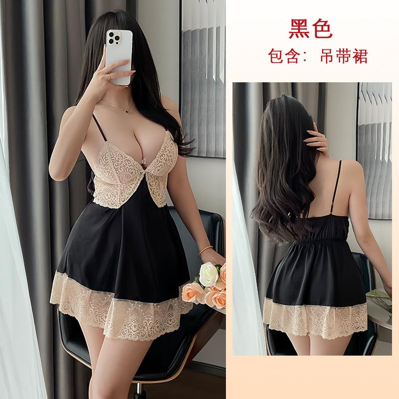 Deep V suspender satin skin-friendly loungewear multi-color optional women s sexy lace splicing nightdress 422 S