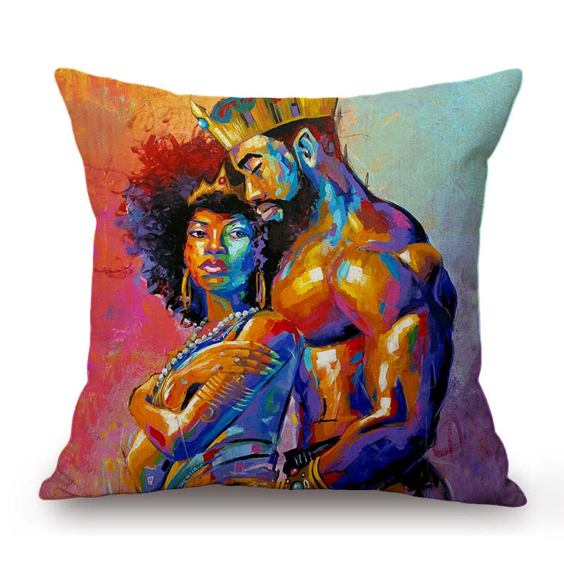 Exotic African Art Black Queen And King Oil Painting Cotton Linen Decoration Art Sofa Throw Pillow Case Car Seat Cushion Cover