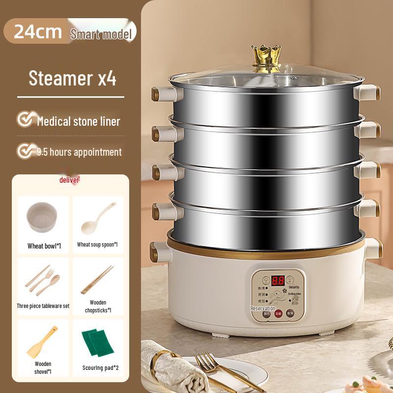 Wielofunkcyjny parowar elektryczny: Stal nierdzewna, Trójwarstwowy, Minutnik, do gotowania na parze, gotowania i duszenia
