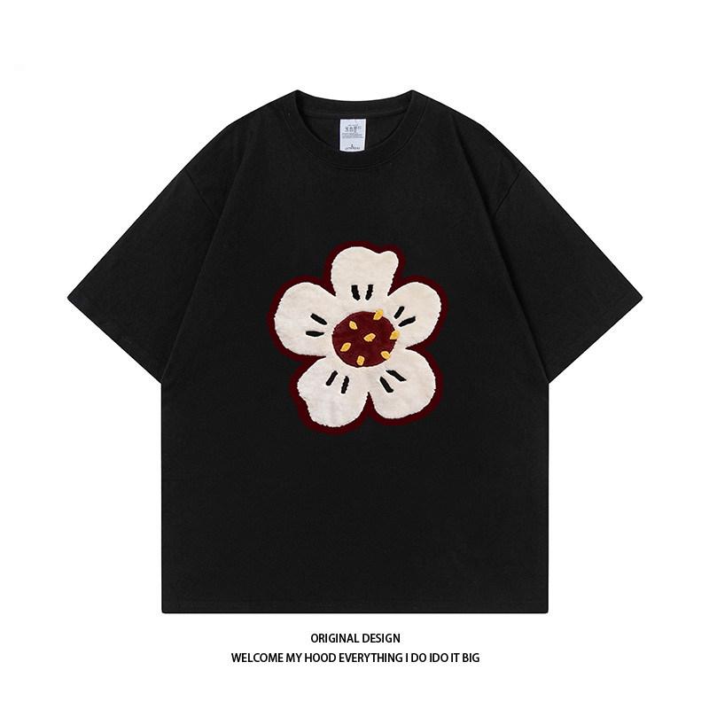 Pure Cotton Designstyle Plush Flowerprint Shortsleeved Simple And Versatile Loosefitting Casual Roundneck Tshirt