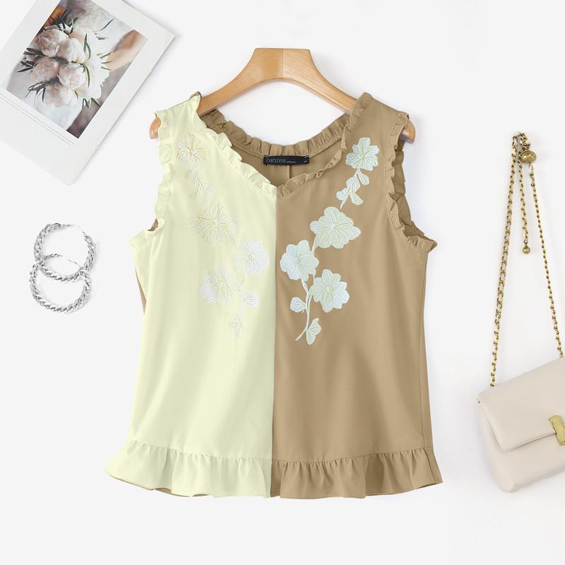 

ZANZEA Women Summer Round Neck Loose Casual Sleeveless Print Tank Tops 5XL хакі