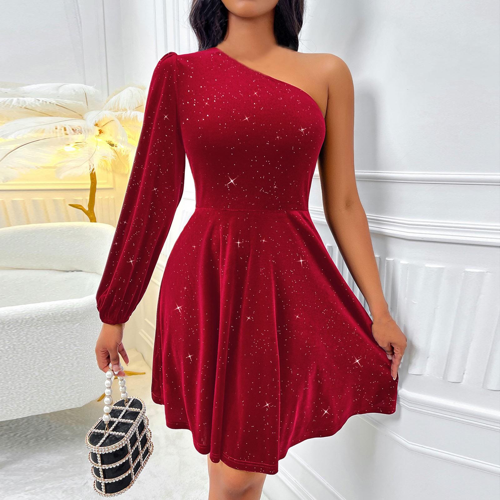 

Женское осеннее платье с длинным рукавом и косыми плечами, однотонное, с завышенной талией, сексуальное M красный