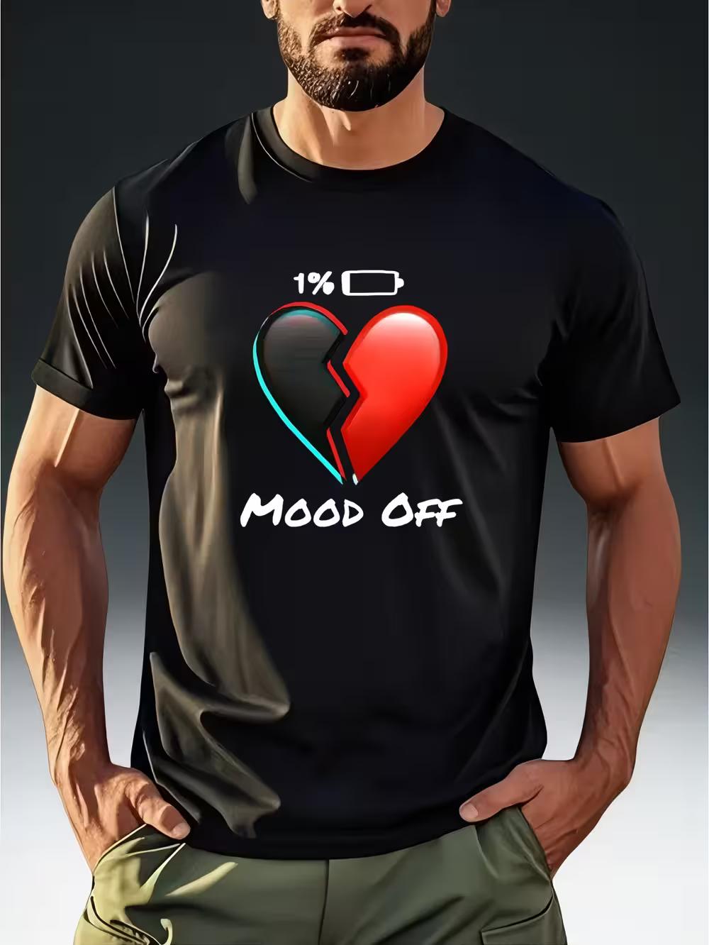 Men s MOOD OFF Broken Heart Print T-Shirt - Casual Short Sleeve Tee with Cracked Heart Symbol & MOOD OFF Logo L