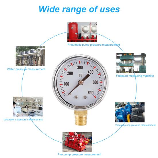Y50 Hydraulic Pressure Gauge Multi-purpose Precise 1/4NPT 600PSI Bottom Entry Hard Oil Air Water Pressure Gauge for Air Tank