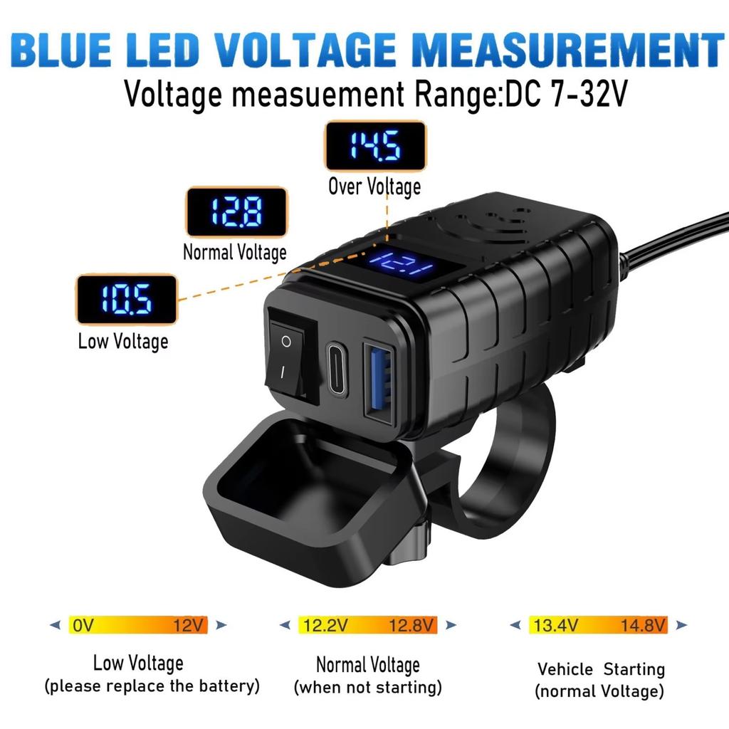60W PD QC3.0 Motorcycle USB Fast Charger Handlebar Dual USB Socket with Switch Voltmeter Waterproof 12V Power Supply Adapter
